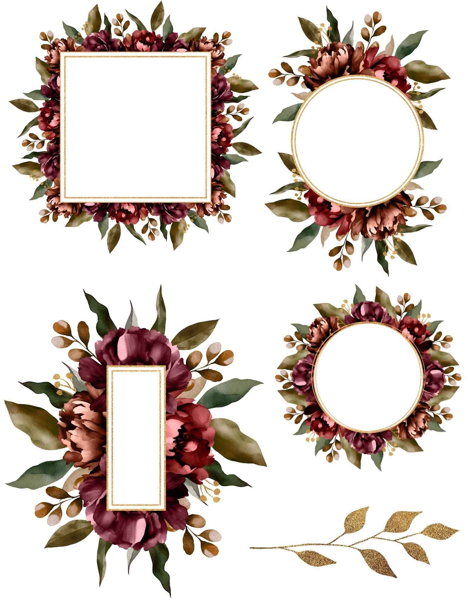 9 Pages Burgundy Floral Print and Cut Stickers | 8.5x11