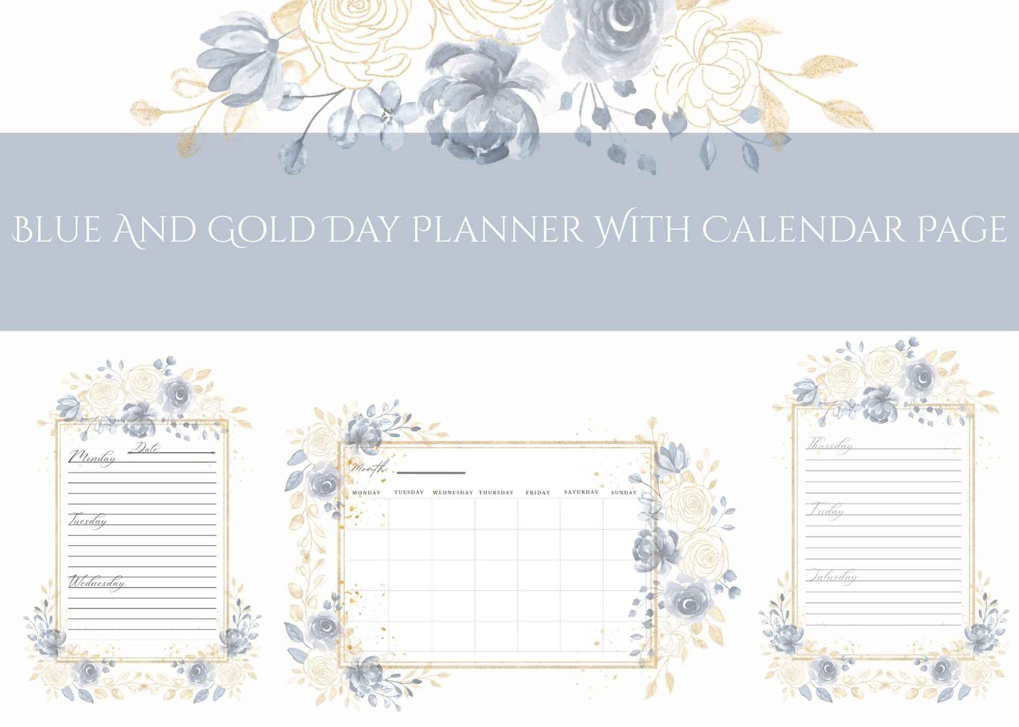 Blue & Gold Day Planner Page with Calendar (Printable 8.5x11 A4)
