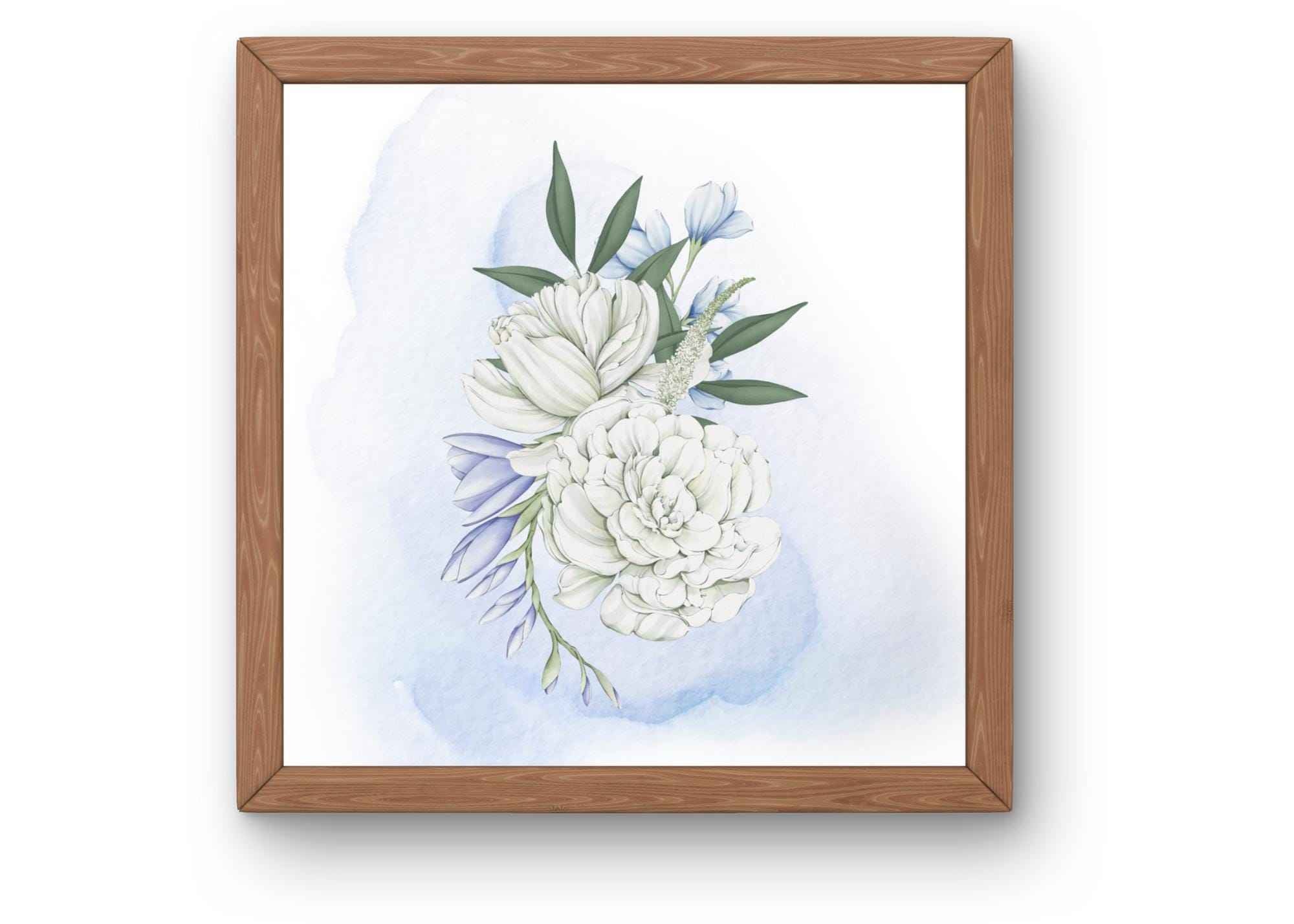 Printable Wall Art | Watercolor| White Peonies | Blue Background |