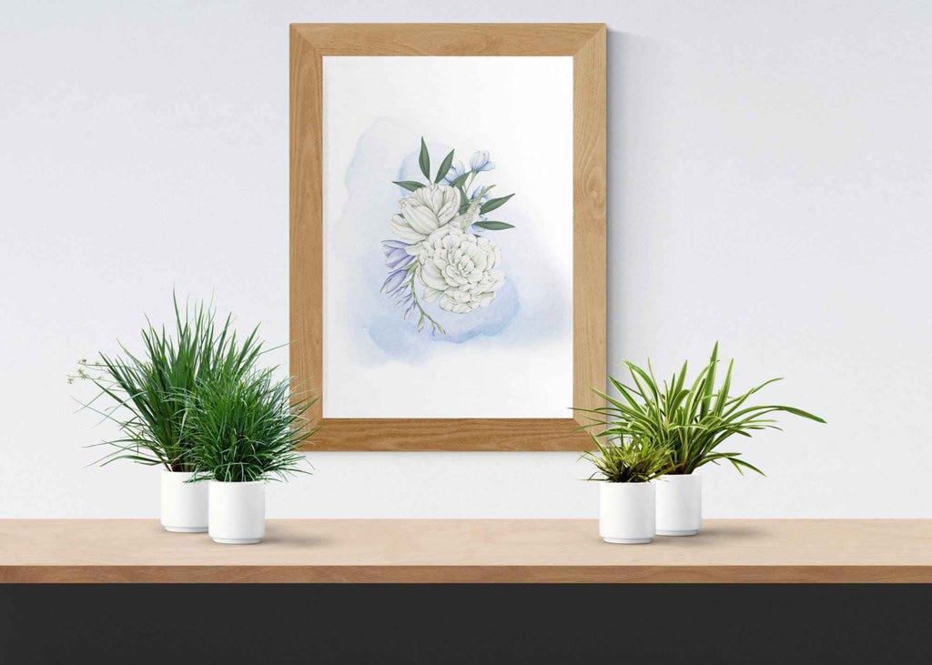 Printable Wall Art | Watercolor| White Peonies | Blue Background |