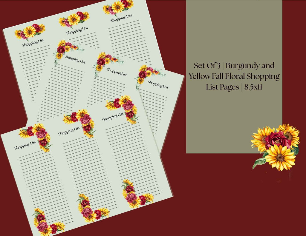 Set of 3 | Burgundy and Yellow Fall Floral Shopping List Pages | 8.5x11
