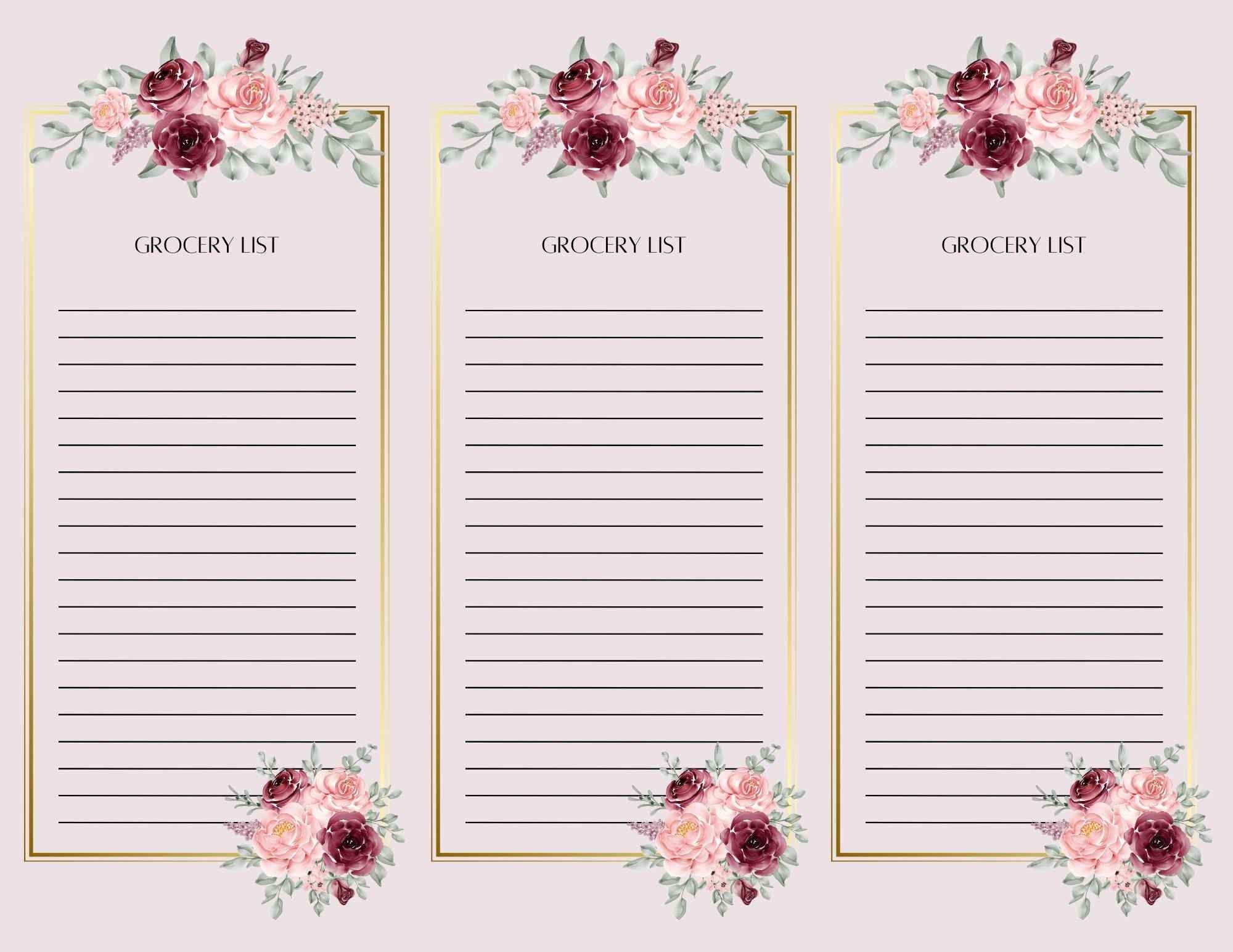 Set of 4 Grocery List Pages | 3 Sheets Per Page | 8.5x11