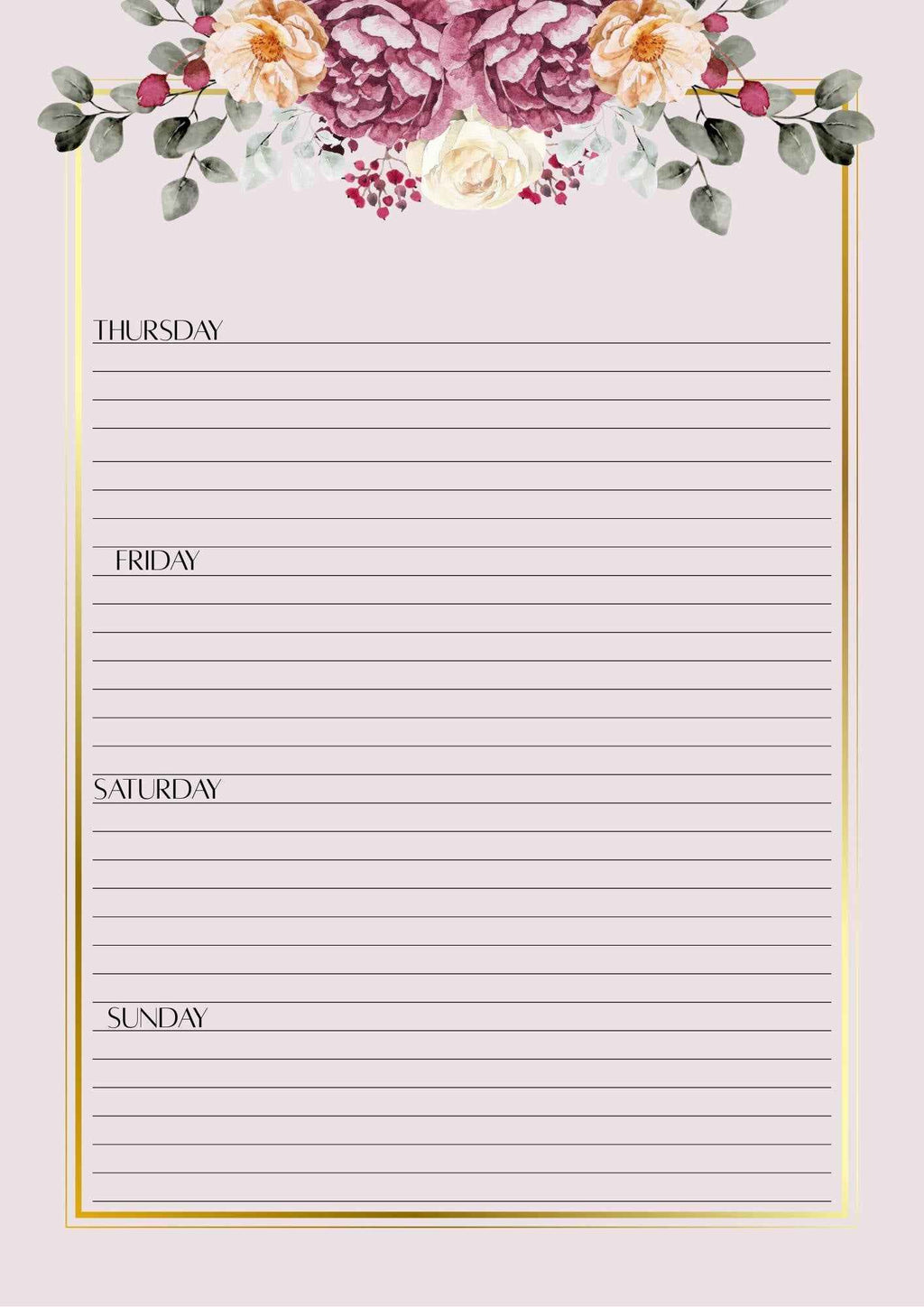 Pink and Gold Floral Day Planner Set: Weekly Calendar (Digital Download) | A4 | 6x9