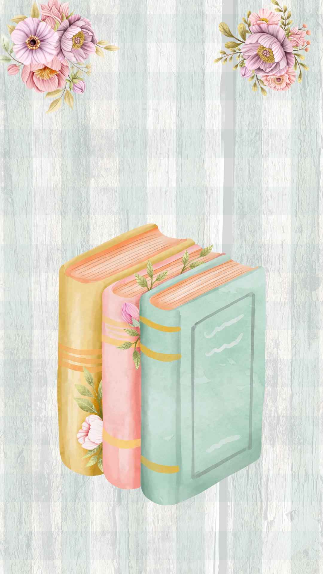 Set of 5 | Watercolor Books and Flowers Phone Wallpaper | IOS | Android