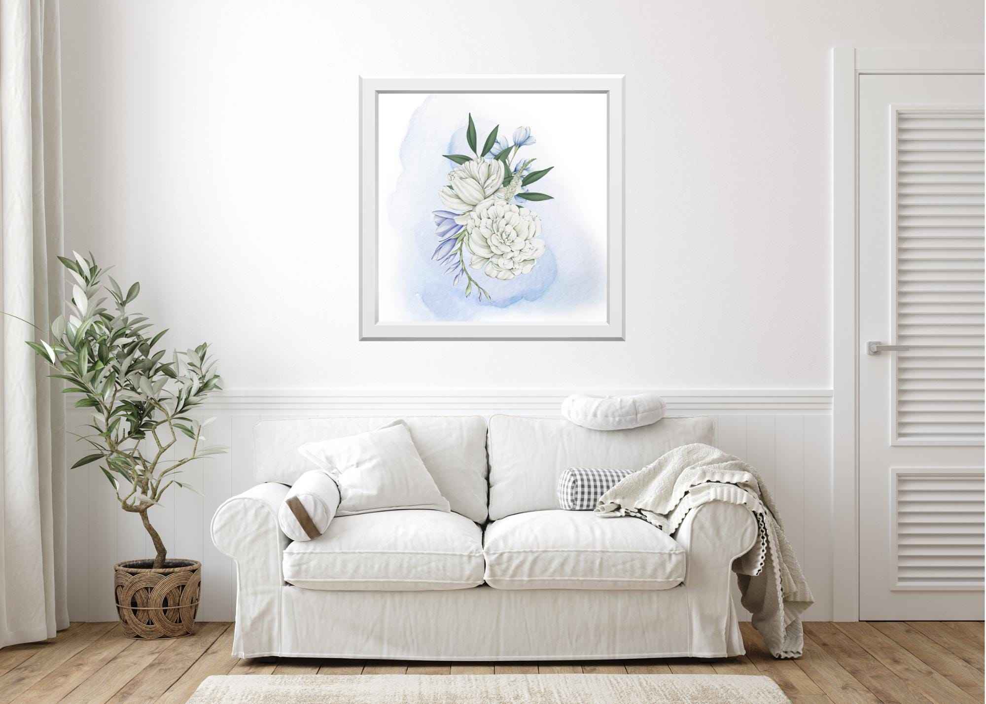 Printable Wall Art | Watercolor| White Peonies | Blue Background |