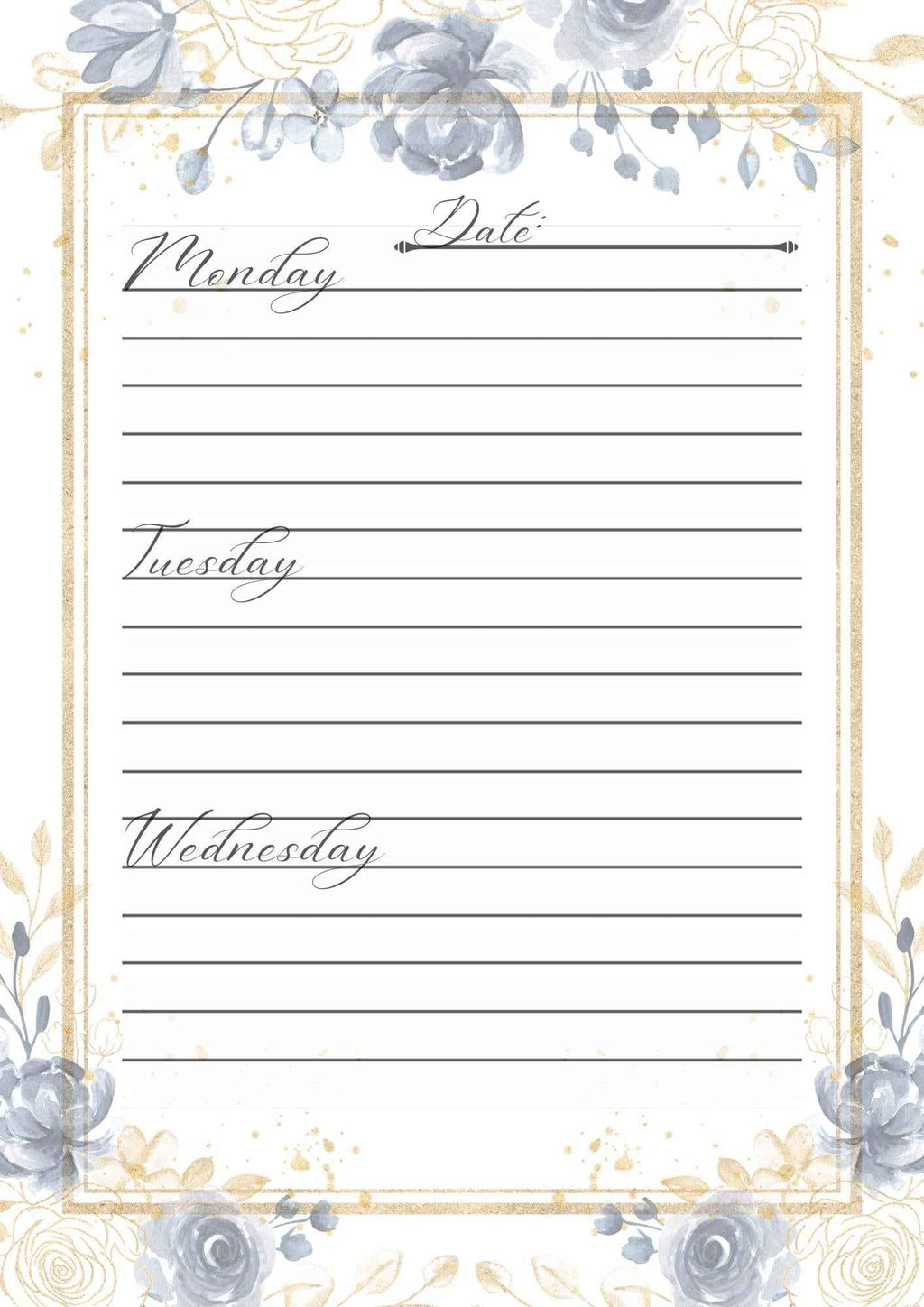 Blue & Gold Day Planner Page with Calendar (Printable 8.5x11 A4)