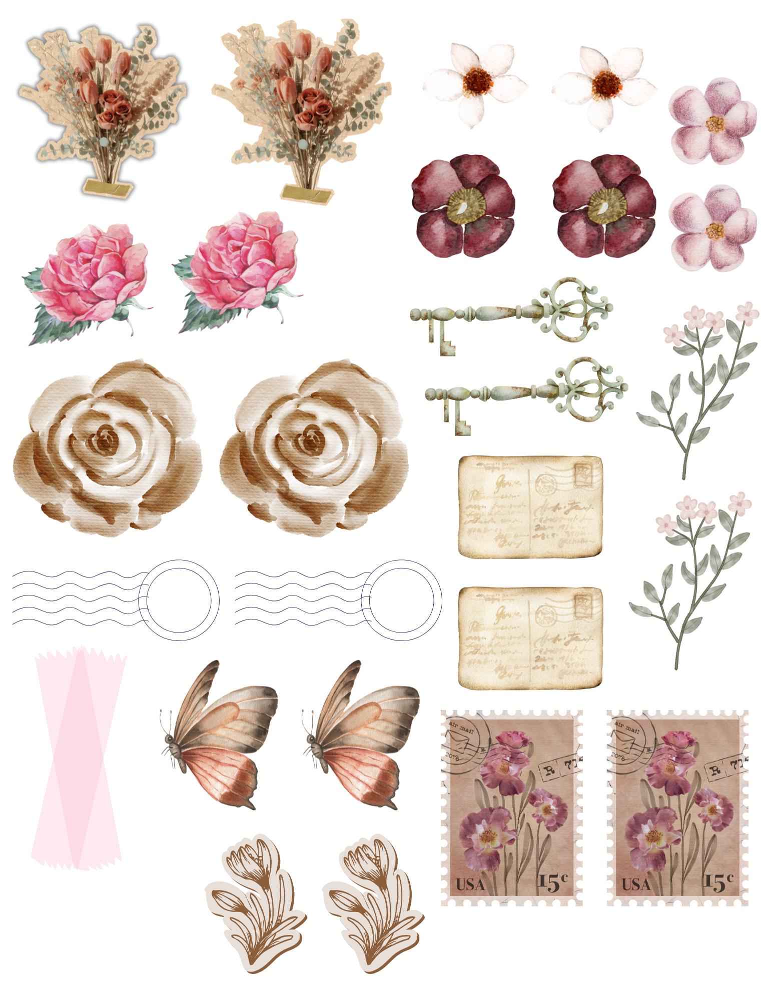 Vintage Junk Journal Stickers: Print & Cut Graphics (8.5x11)