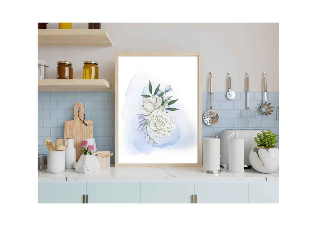 Printable Wall Art | Watercolor| White Peonies | Blue Background |
