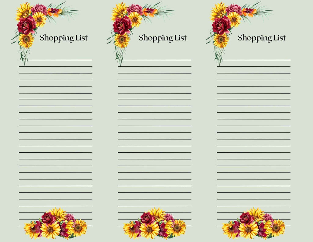 Set of 3 | Burgundy and Yellow Fall Floral Shopping List Pages | 8.5x11