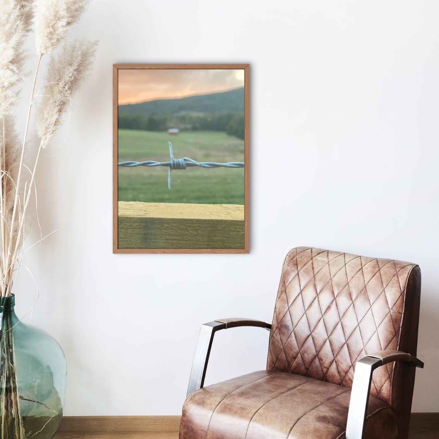 Rustic Sunset Print: Barbed Wire Fence, Western Landscape