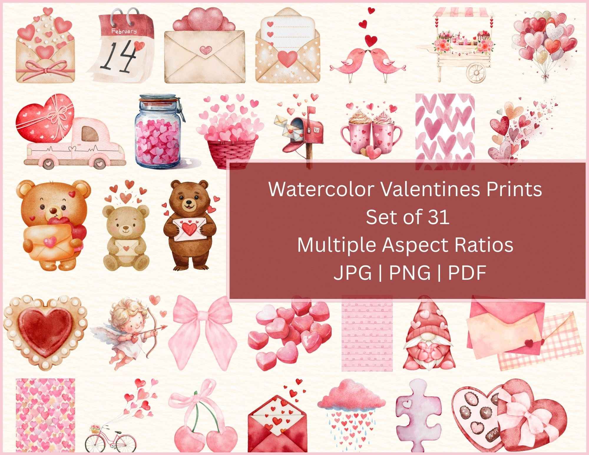 Watercolor Valentines Prints | JPG| PNG | PDF | Multiple Aspect Ratios, Cute Aesthetic Watercolor Graphics, Printable Watercolor Valentines Wall Art, Digital Download Wall Art, DIY Card Graphics