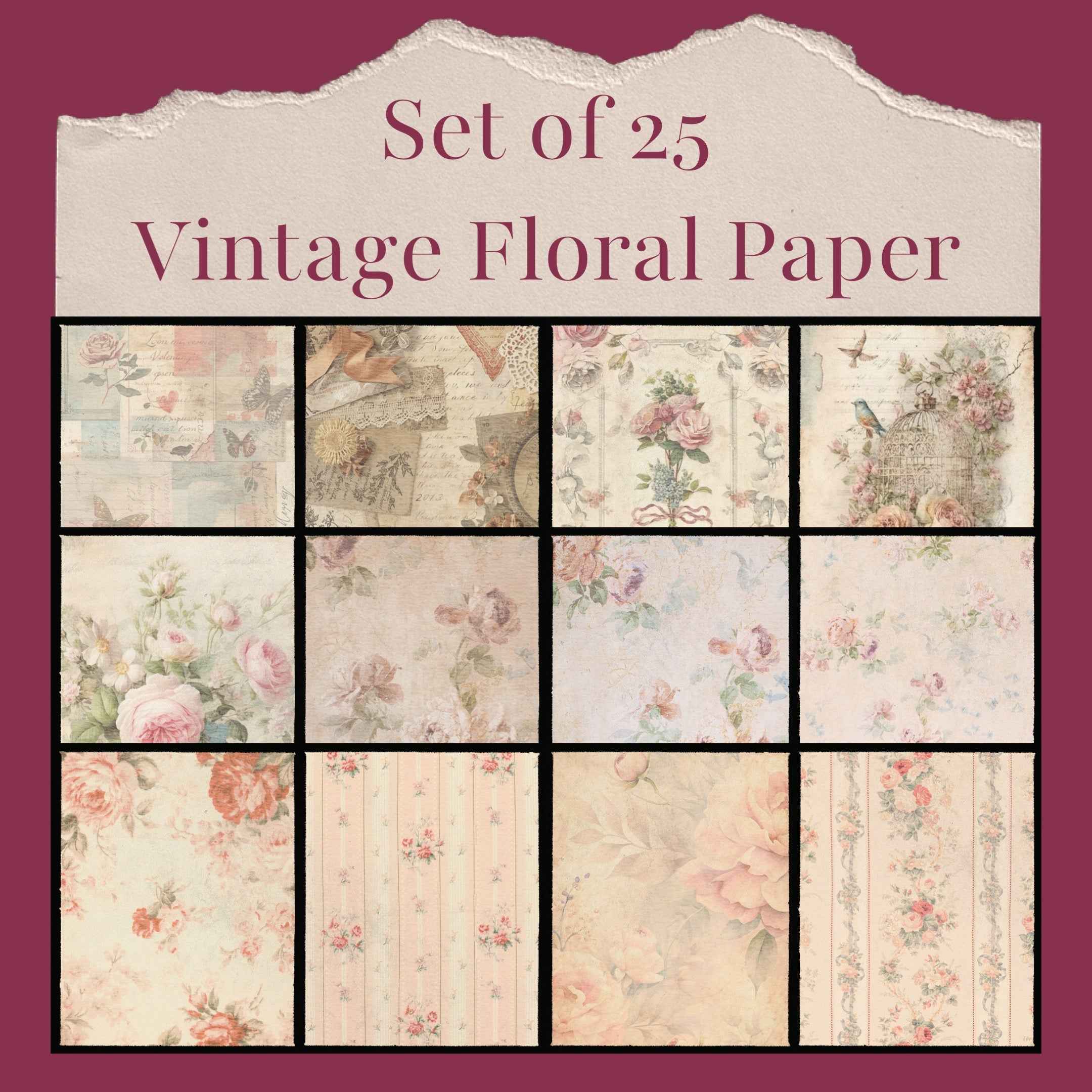 Vintage Floral Paper | Set of 25 | JPEG | PDF |
