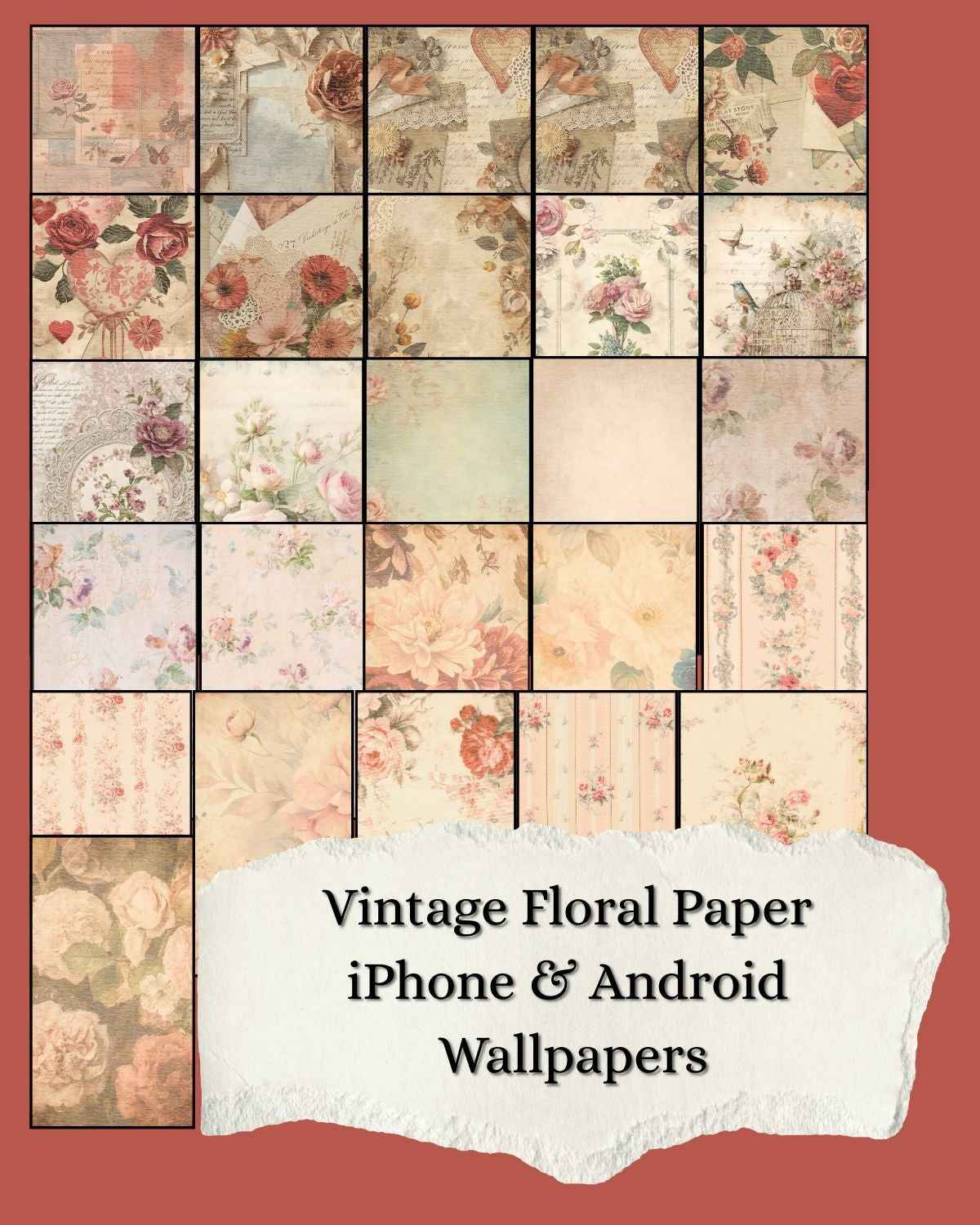 Vintage Floral Paper Phone Wallpapers | Set of 25