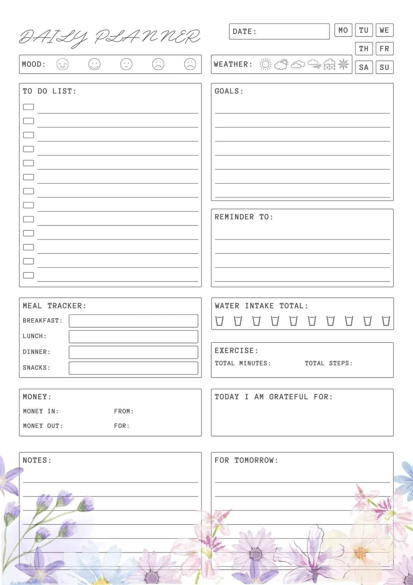 Pastel Floral Daily & Weekly Planner: Printable A4 Organizer (6 Pages) Floral Daily Planner, Digital Planner Pages, Printable Floral Planner Pages