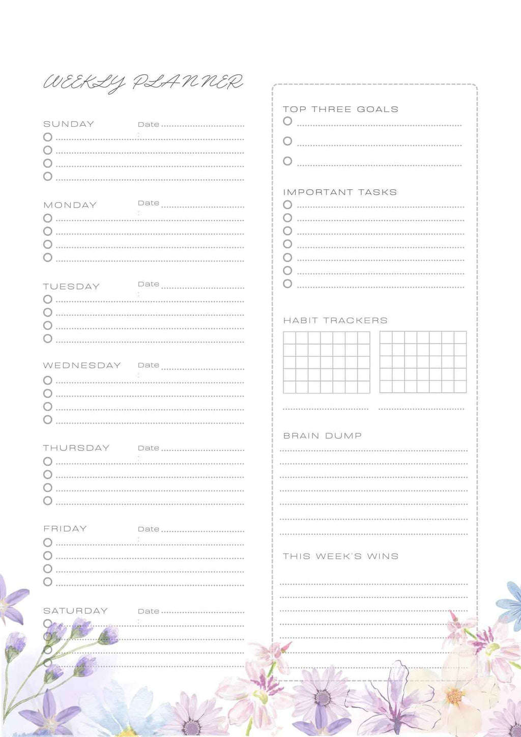 Pastel Floral Daily & Weekly Planner: Printable A4 Organizer (6 Pages) Floral Daily Planner, Digital Planner Pages, Printable Floral Planner Pages
