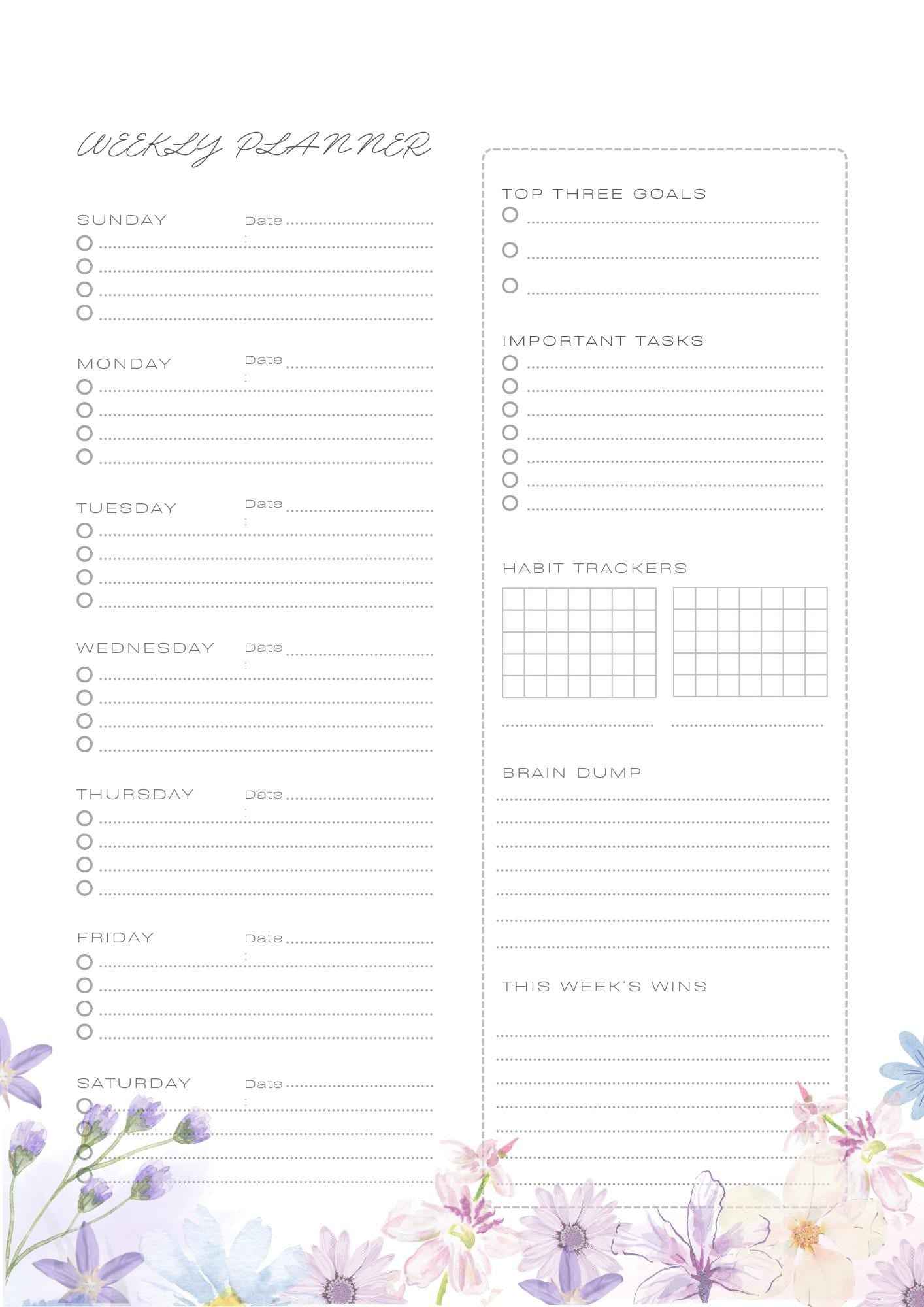 Pastel Floral Daily & Weekly Planner: Printable A4 Organizer (6 Pages) Floral Daily Planner, Digital Planner Pages, Printable Floral Planner Pages