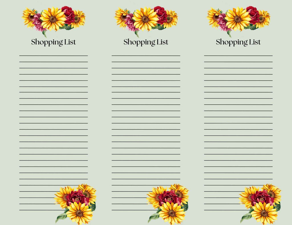 Set of 3 | Burgundy and Yellow Fall Floral Shopping List Pages | 8.5x11