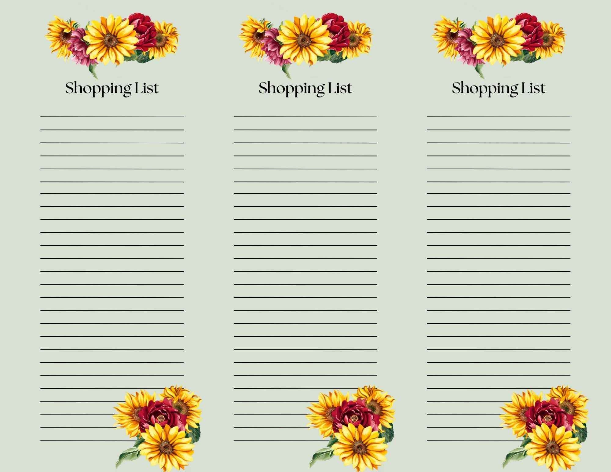 Set of 3 | Burgundy and Yellow Fall Floral Shopping List Pages | 8.5x11