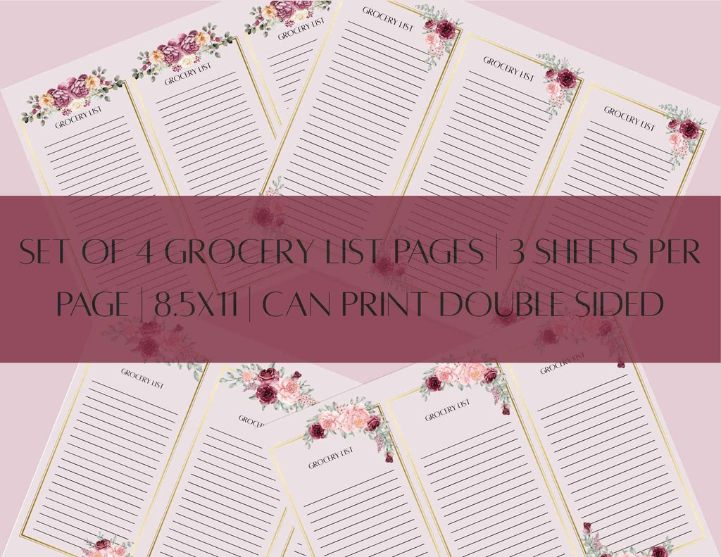Set of 4 Grocery List Pages | 3 Sheets Per Page | 8.5x11