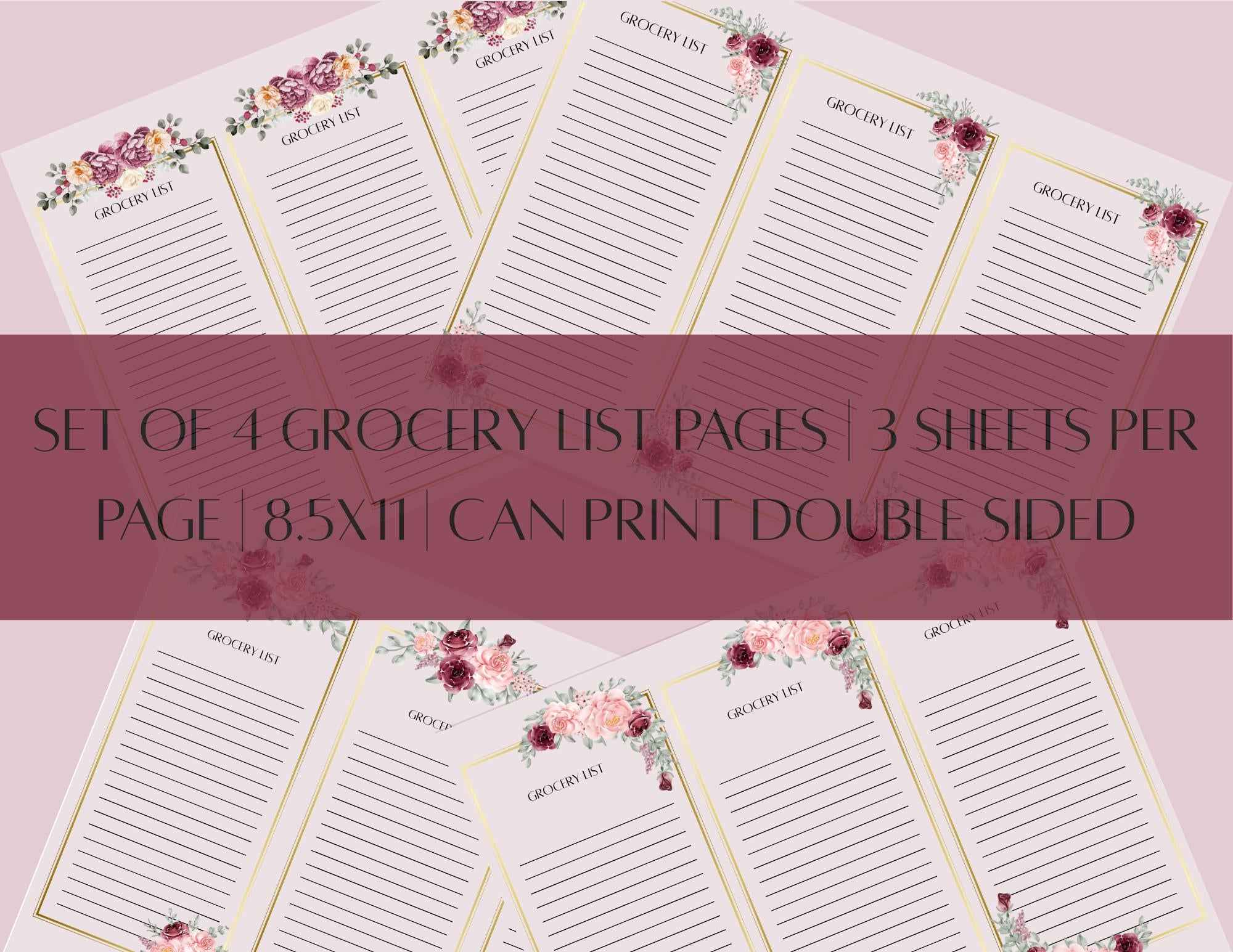 Set of 4 Grocery List Pages | 3 Sheets Per Page | 8.5x11