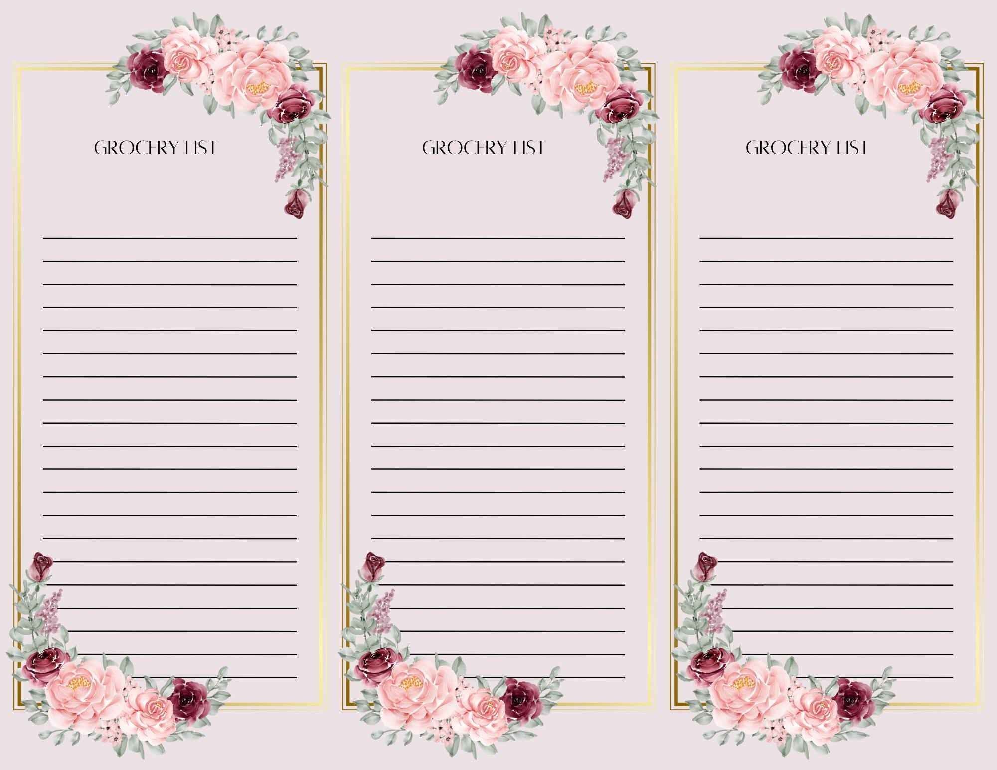 Set of 4 Grocery List Pages | 3 Sheets Per Page | 8.5x11