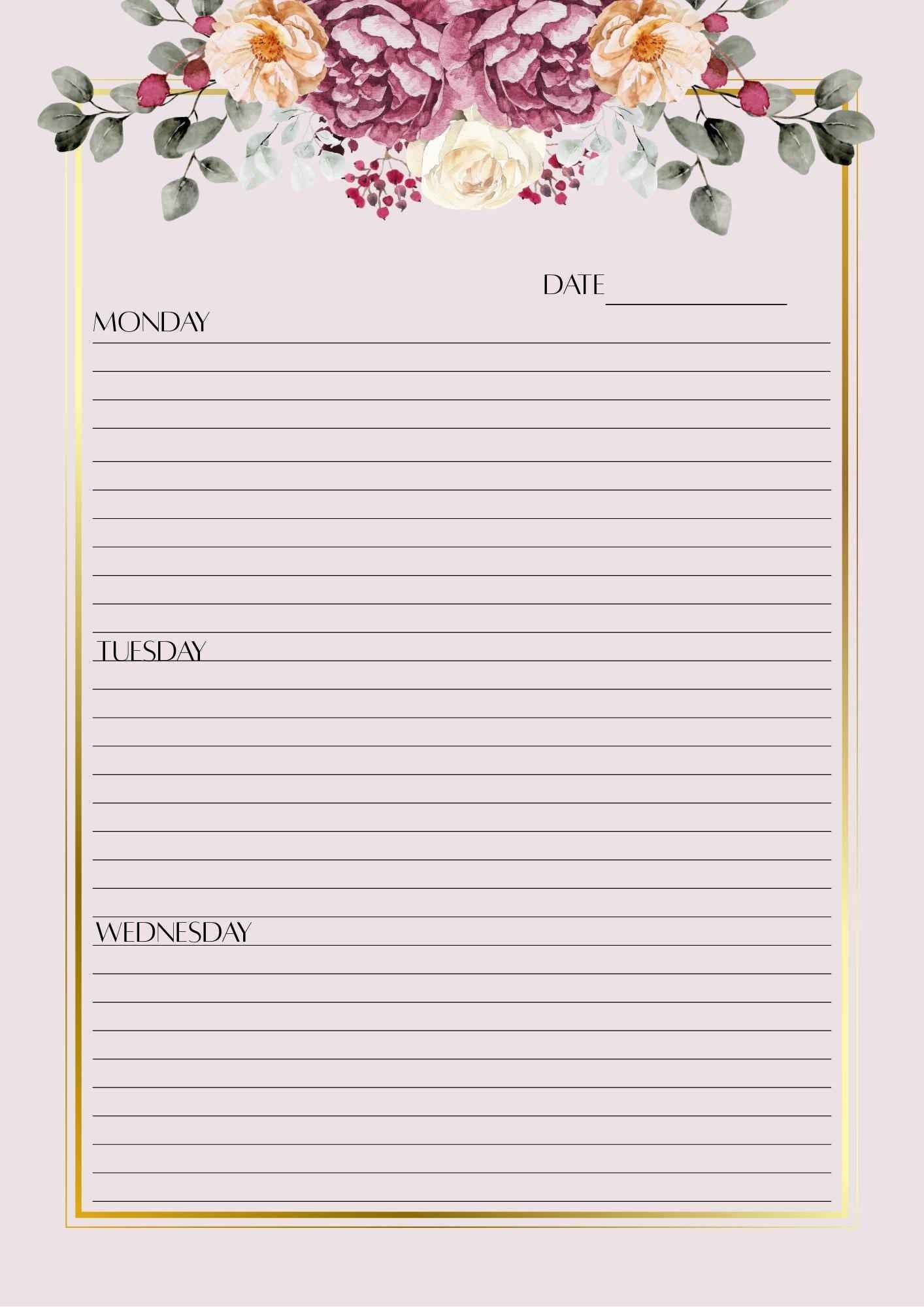 Pink and Gold Floral Day Planner Set: Weekly Calendar (Digital Download) | A4 | 6x9