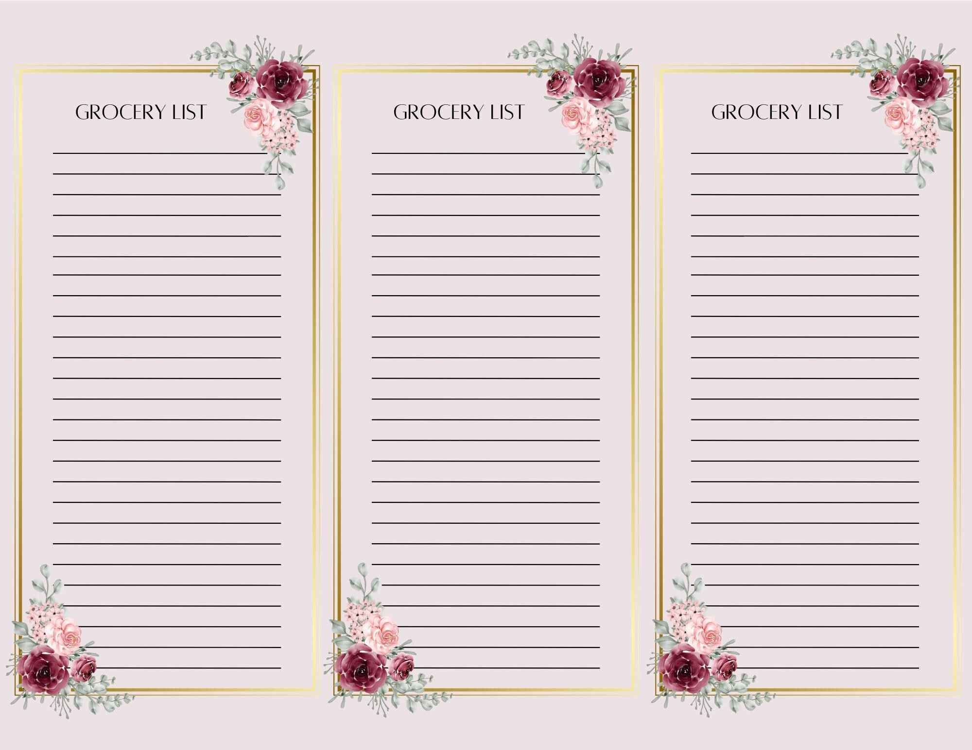 Set of 4 Grocery List Pages | 3 Sheets Per Page | 8.5x11