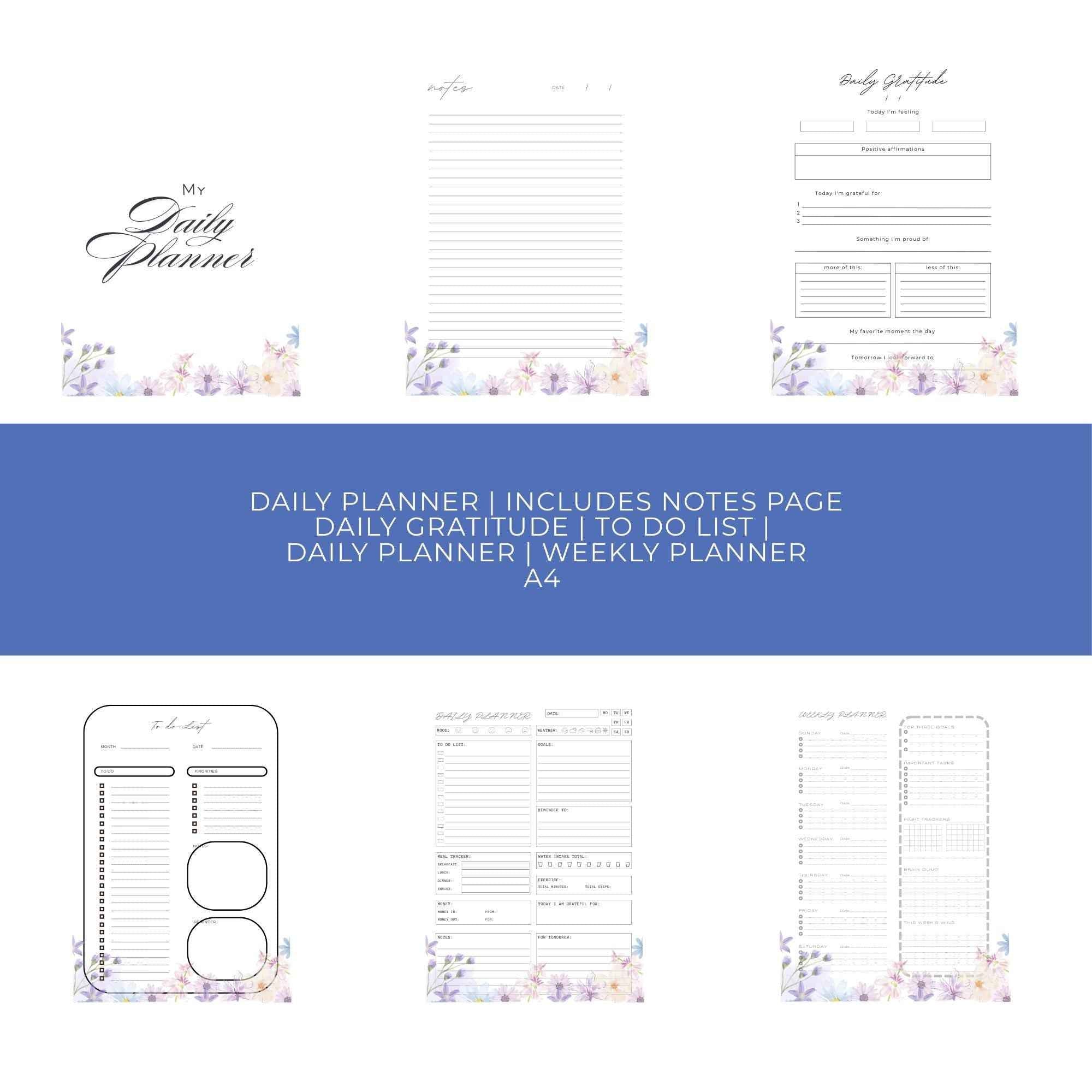 Pastel Floral Daily & Weekly Planner: Printable A4 Organizer (6 Pages) Floral Daily Planner, Digital Planner Pages, Printable Floral Planner Pages