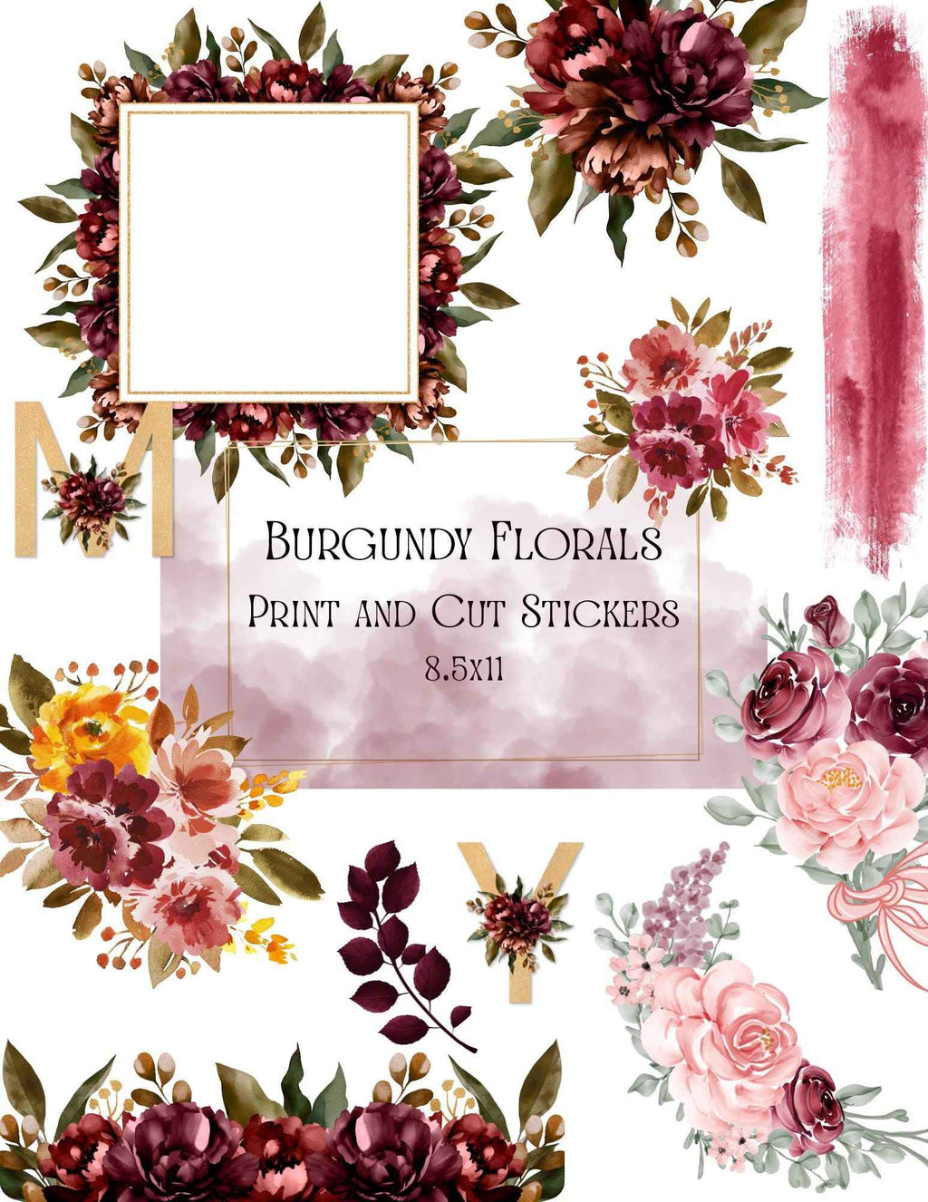 9 Pages Burgundy Floral Print and Cut Stickers | 8.5x11
