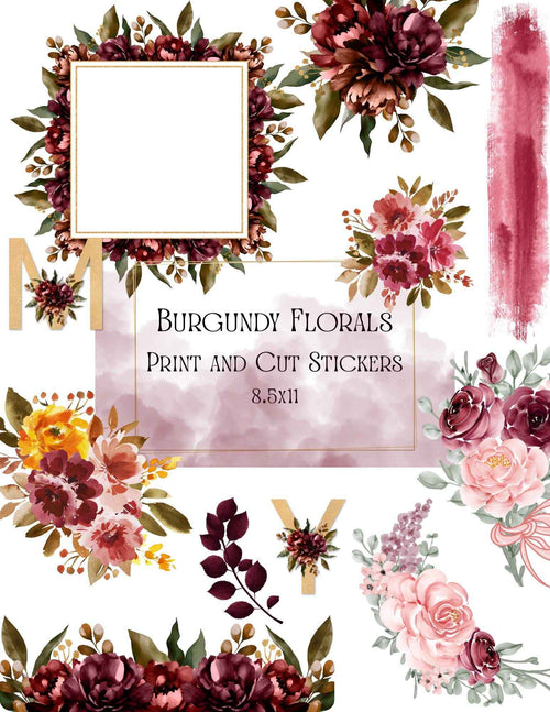 9 Pages Burgundy Floral Print and Cut Stickers | 8.5x11