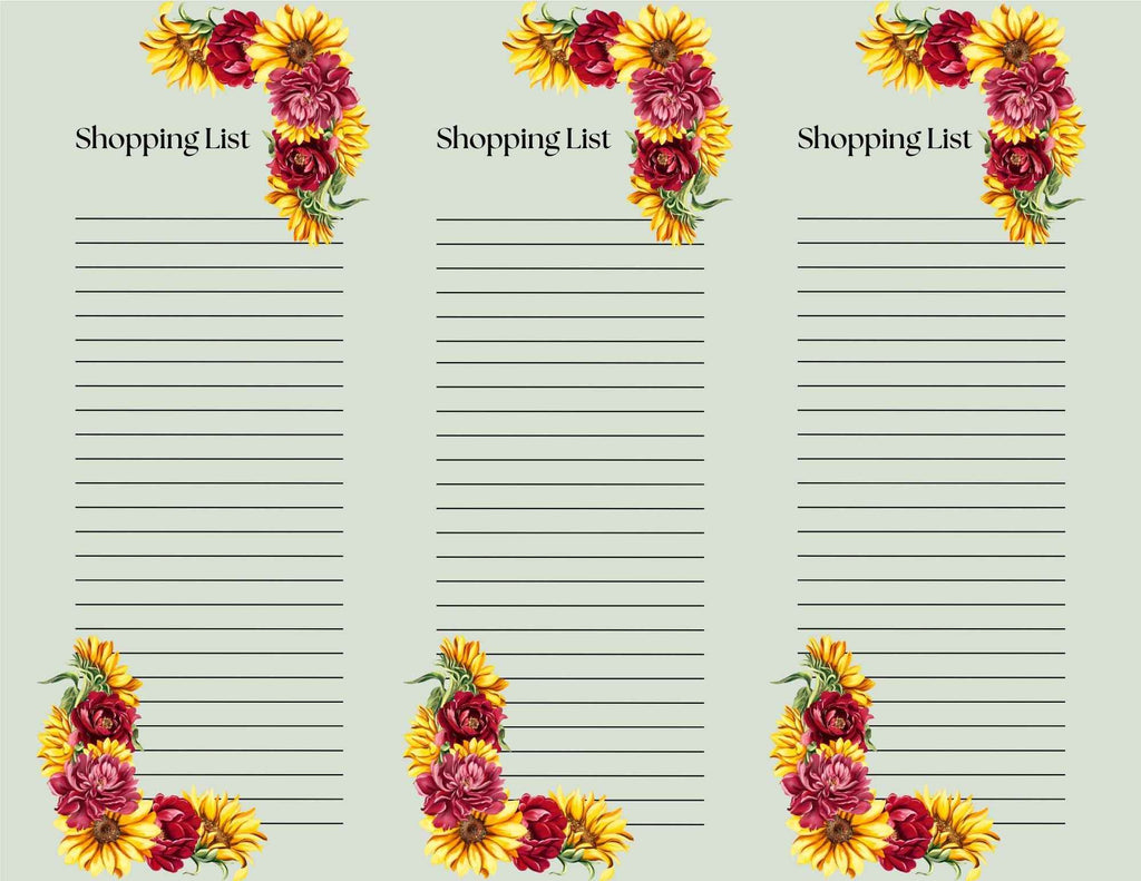Set of 3 | Burgundy and Yellow Fall Floral Shopping List Pages | 8.5x11