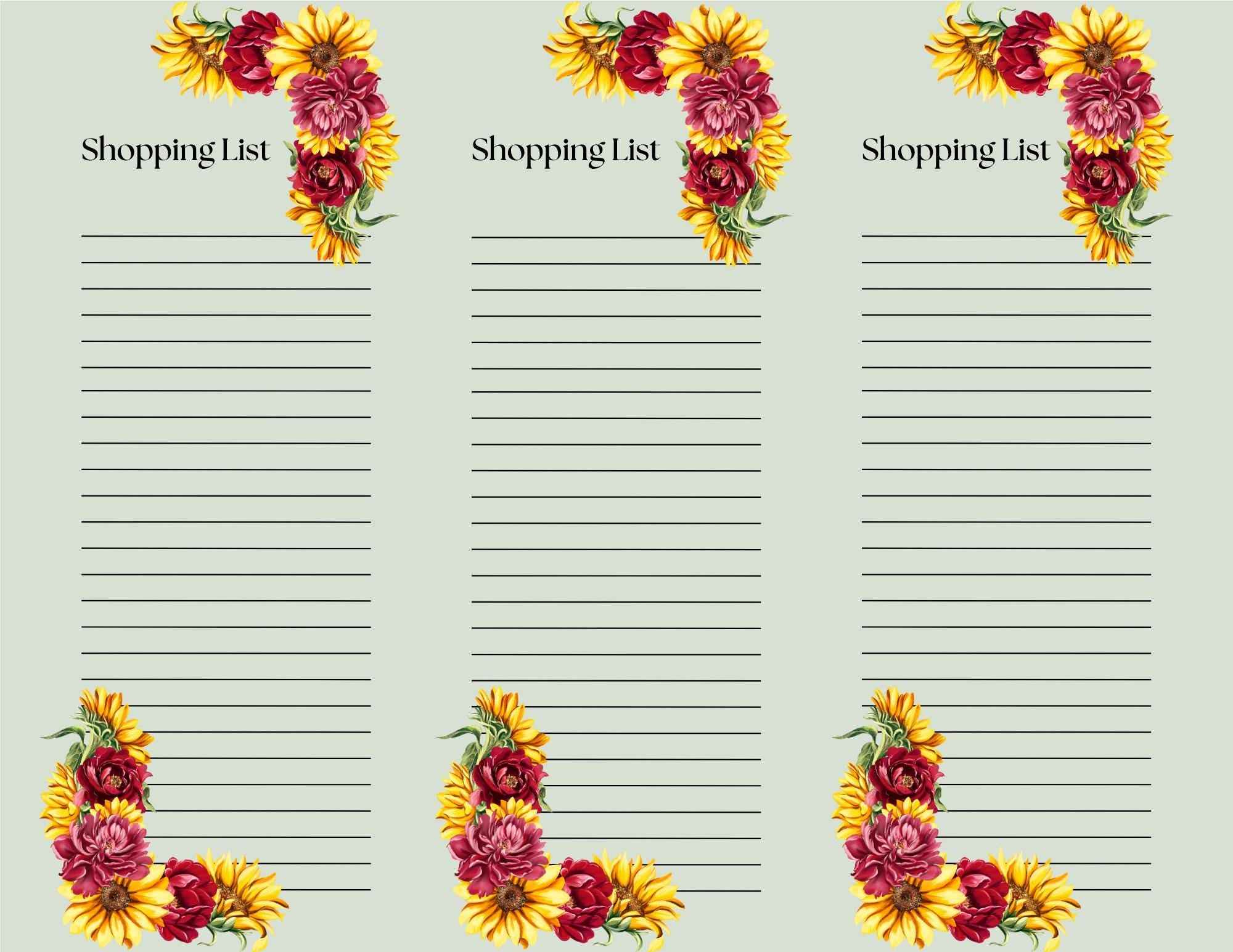 Set of 3 | Burgundy and Yellow Fall Floral Shopping List Pages | 8.5x11