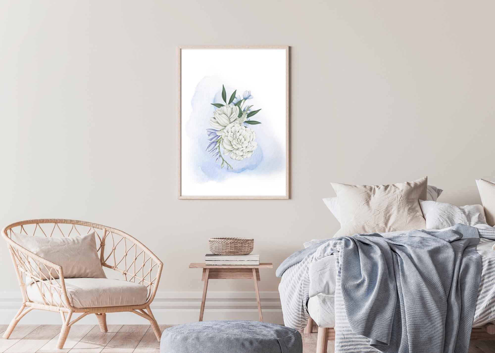 Printable Wall Art | Watercolor| White Peonies | Blue Background |