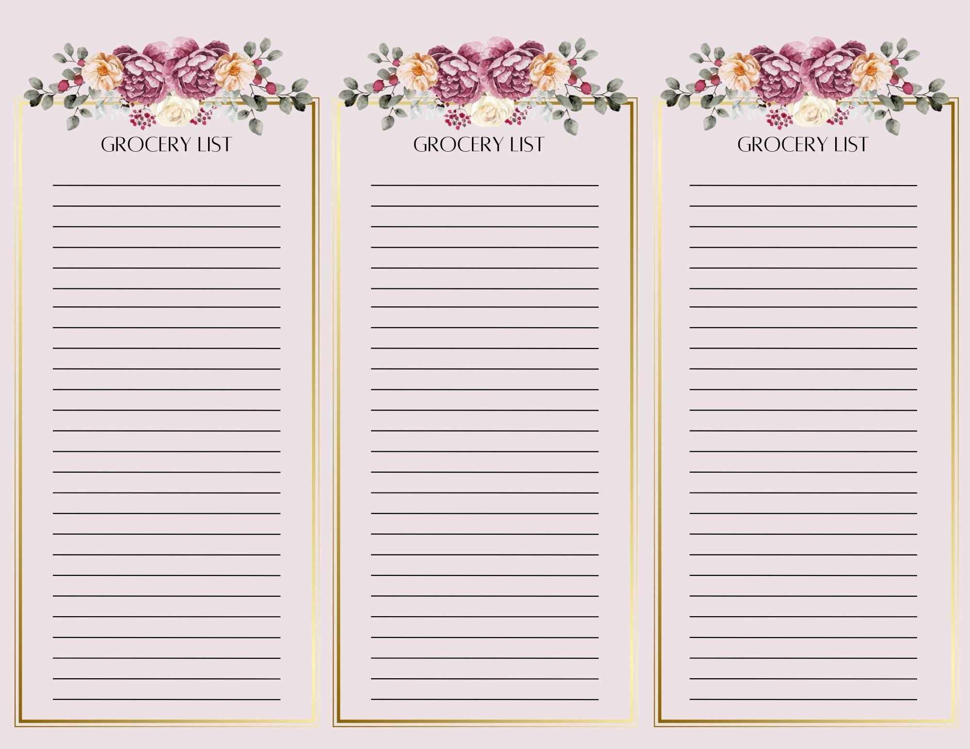 Set of 4 Grocery List Pages | 3 Sheets Per Page | 8.5x11