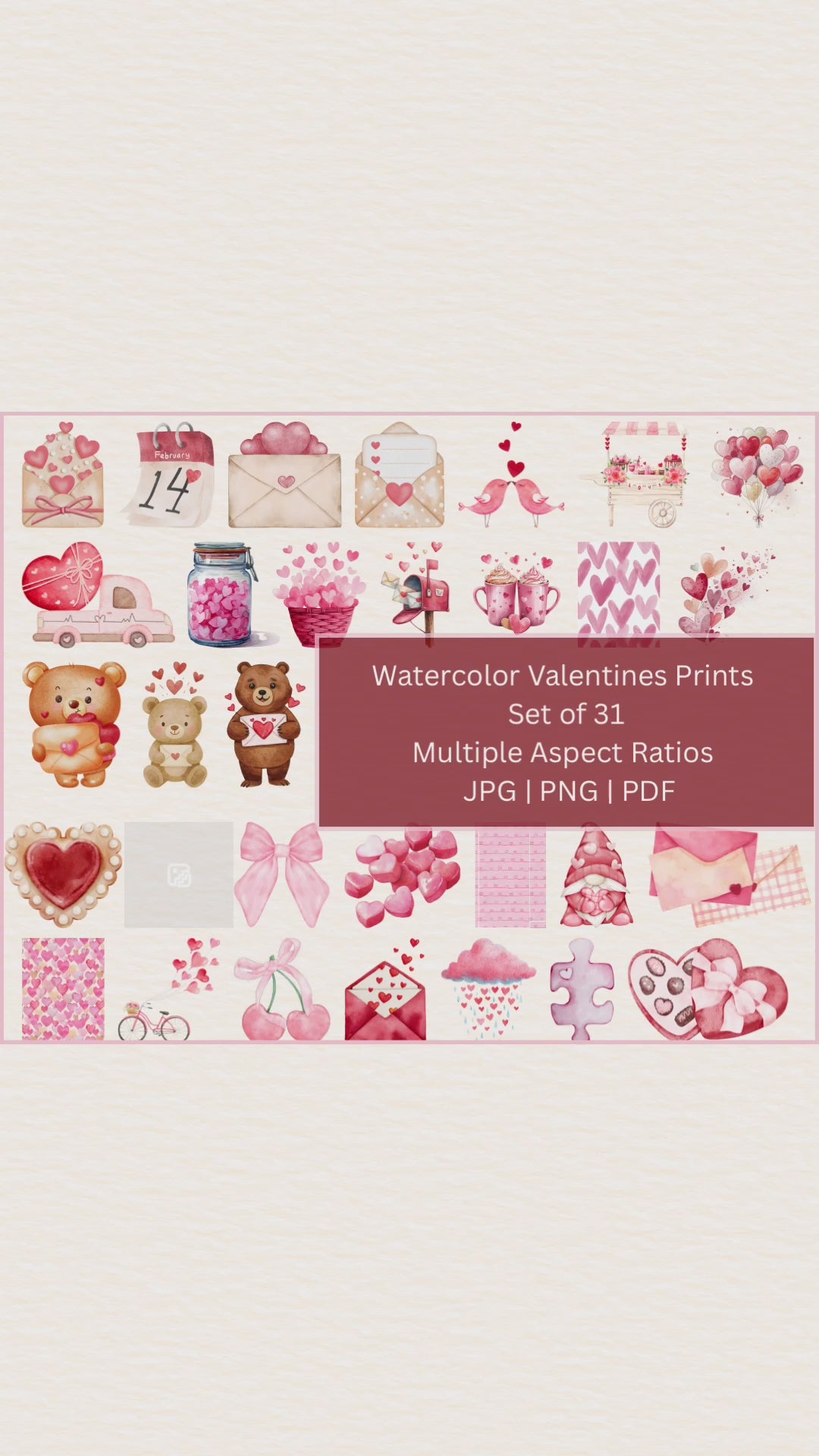 Watercolor Valentines Prints | JPG| PNG | PDF | Multiple Aspect Ratios, Cute Aesthetic Watercolor Graphics, Printable Watercolor Valentines Wall Art, Digital Download Wall Art, DIY Card Graphics